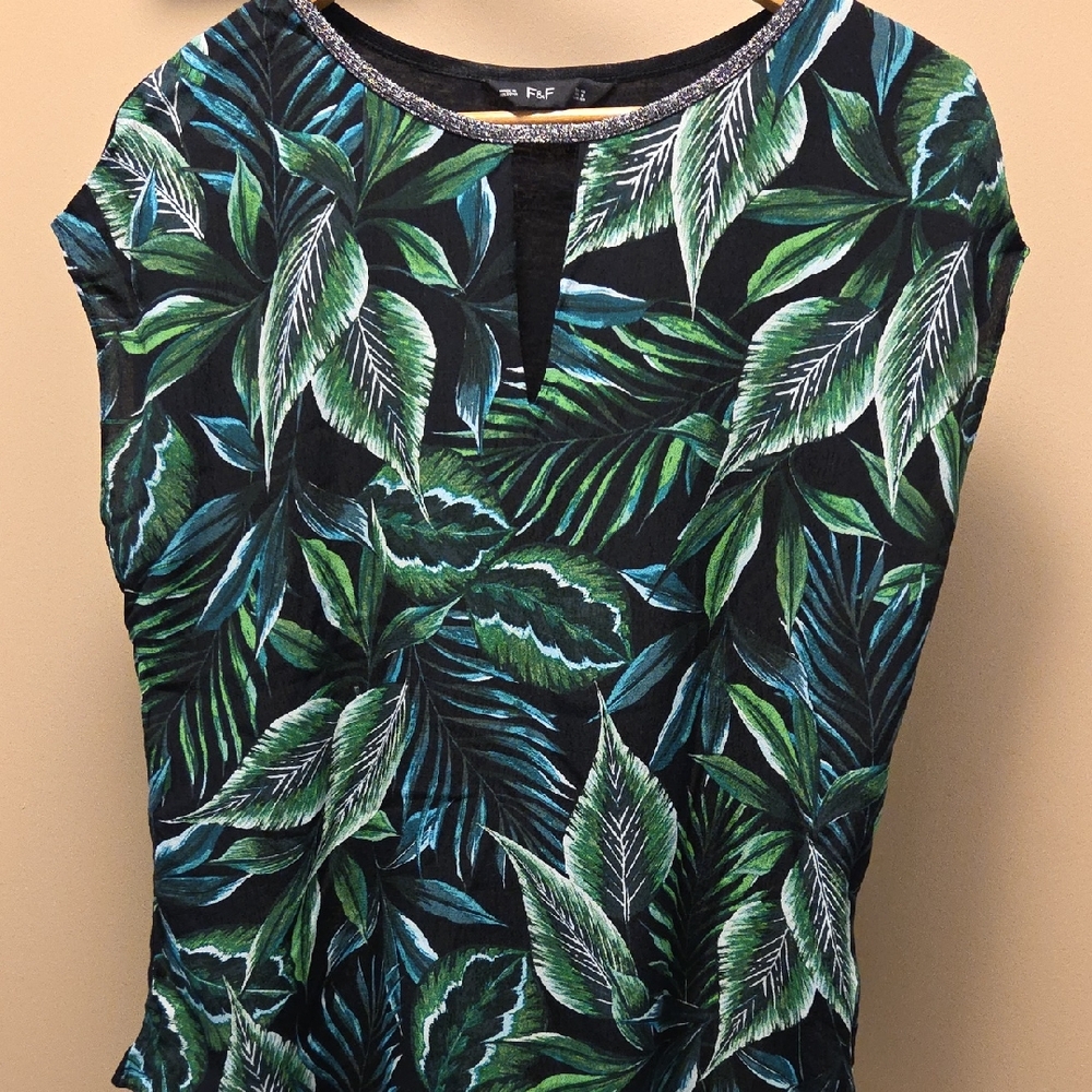 F&F Women's Leaf Print Blouse - Green and Black